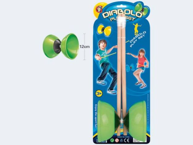 Bild von Diabolo 11cm Kunststoff  2 Holzstäbe 35cm - Pro Bestellung wird eine von mehreren Varianten nach dem Zufallsprinzip versendet! - 29518