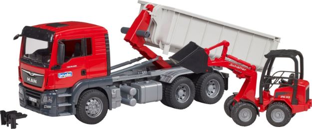 Bild von Bruder 03767 MAN TGS LKW mit Abrollcontainer und Schäffer Hoflader