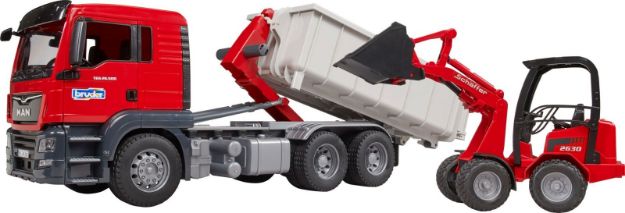 Bild von Bruder 03767 MAN TGS LKW mit Abrollcontainer und Schäffer Hoflader