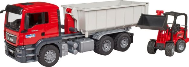 Bild von Bruder 03767 MAN TGS LKW mit Abrollcontainer und Schäffer Hoflader