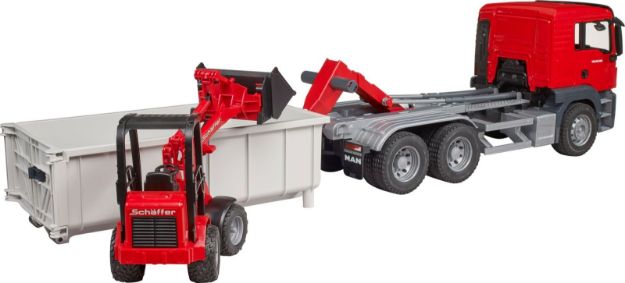 Bild von Bruder 03767 MAN TGS LKW mit Abrollcontainer und Schäffer Hoflader