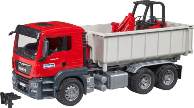 Bild von Bruder 03767 MAN TGS LKW mit Abrollcontainer und Schäffer Hoflader