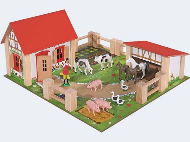 Bild von Eichhorn Bauernhof 2 Gebäude, Figuren Zaun 36x39cm - 100004304