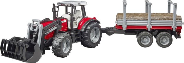 Bild von Bruder 02046 Massey Ferguson 7480 mit Frontlader und Holztransportanhänger und 3 Baumstämmen