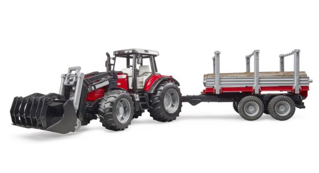 Bild von Bruder 02046 Massey Ferguson 7480 mit Frontlader und Holztransportanhänger und 3 Baumstämmen