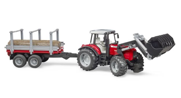 Bild von Bruder 02046 Massey Ferguson 7480 mit Frontlader und Holztransportanhänger und 3 Baumstämmen