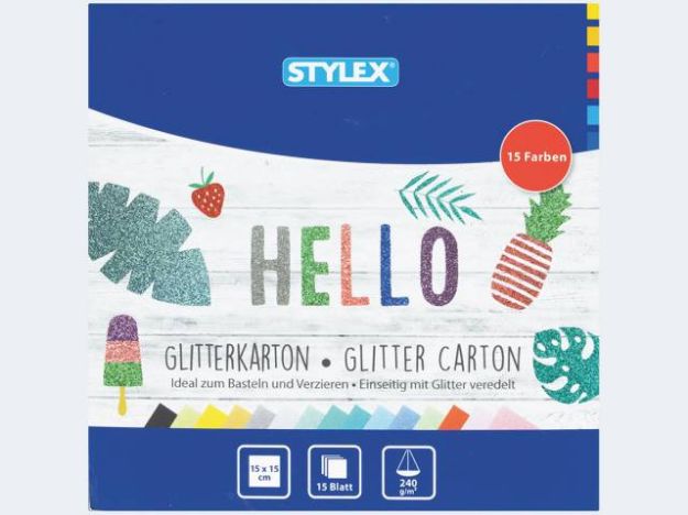 Bild von Glitzerkarton 15x15cm 15 Blatt kopfgeleimt - 46470