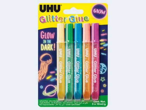 Bild von UHU Glitter Glue Glow in the dark 5 Tuben a 10 ml - Eine Verkaufseinheit = 10 Stück - 48210