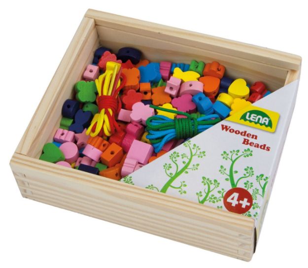 Bild von 164 Holzperlen in Holzkassette verschiedene Formen - 32020