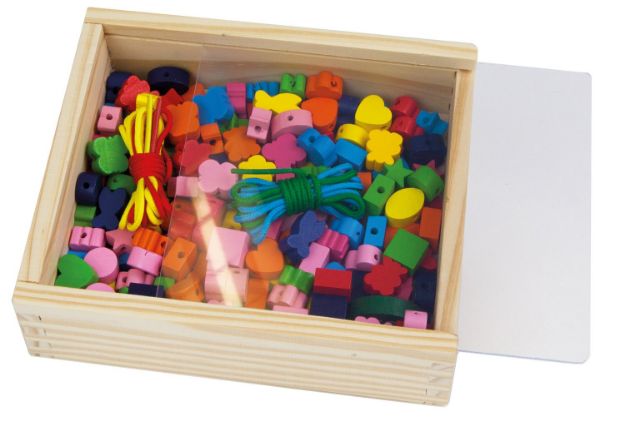 Bild von 164 Holzperlen in Holzkassette verschiedene Formen - 32020