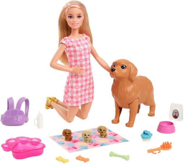 Bild von Barbie Puppe (blond) mit Hund und Welpen - HCK75
