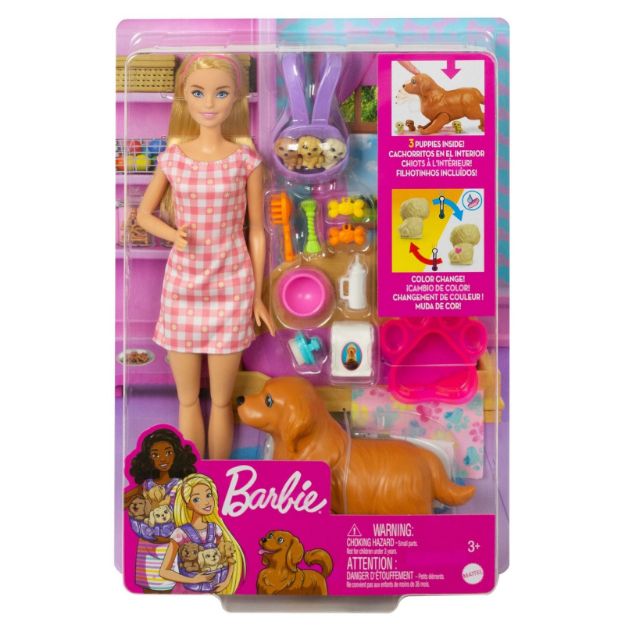 Bild von Barbie Puppe (blond) mit Hund und Welpen - HCK75