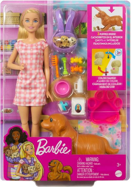 Bild von Barbie Puppe (blond) mit Hund und Welpen - HCK75