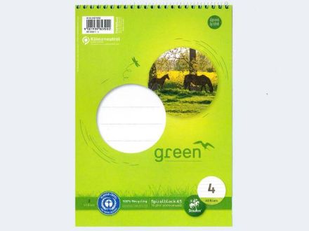 Zeige Details für Spiral-Schulblock A5/40 Lin 4 liniert Green 90 - Eine Verkaufseinheit = 10 Stück - 040740004 Bild von Spiral-Schulblock A5/40 Lin 4 liniert Green 90 - Eine Verkaufseinheit = 10 Stück - 040740004