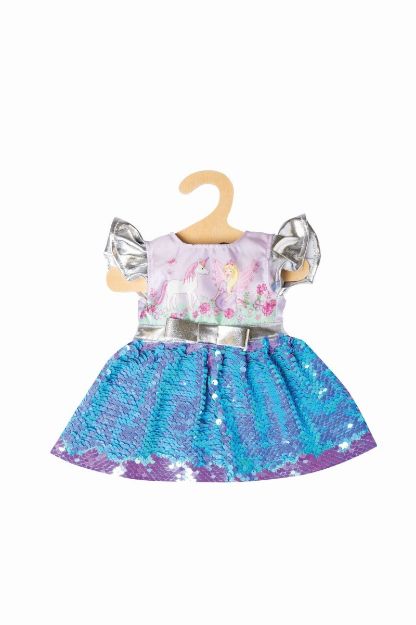 Bild von Puppen-Kleid Fee und Einhorn mit Wendepailletten und silberner Krone, Gr. 35-45 cm - 2131