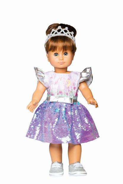 Bild von Puppen-Kleid Fee und Einhorn mit Wendepailletten und silberner Krone, Gr. 35-45 cm - 2131