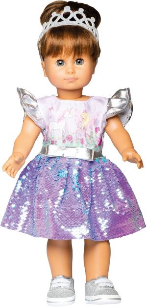 Bild von Puppen-Kleid Fee und Einhorn mit Wendepailletten und silberner Krone, Gr. 35-45 cm - 2131