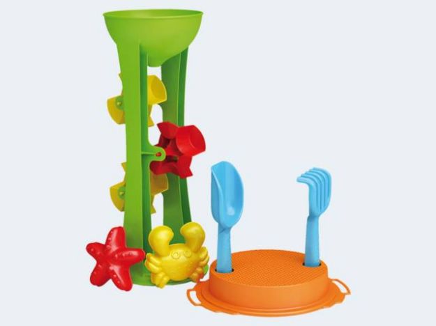 Bild von Sandmühle mit Sieb 3 Räder Formen Schaufel Rechen - 1140