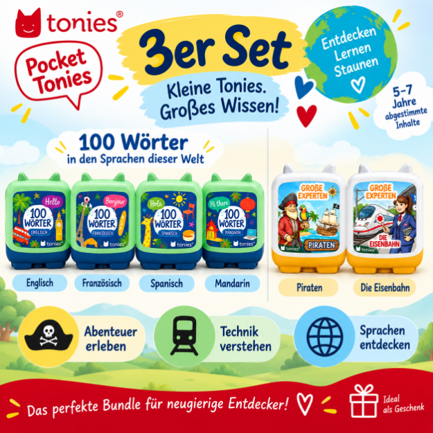 Bild von VÖ 08.10.2026 BUNDLE - Pocket Tonies - 100 Wörter in den Sprachen dieser Welt + Große Experten "Die Eisenbahn" + Große Experten "Piraten"